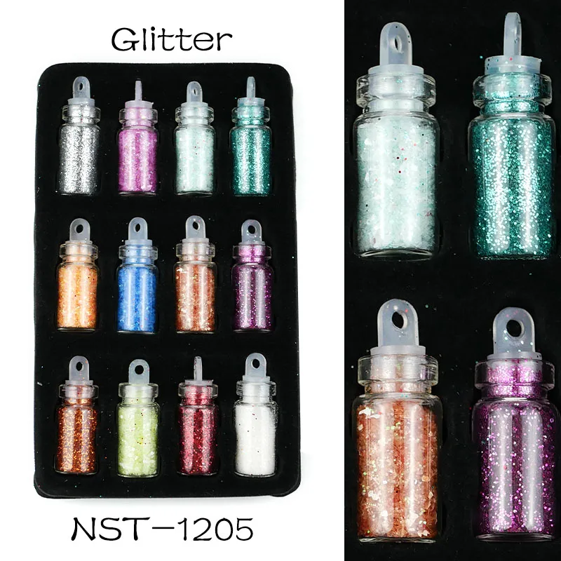 12pcs 05 FlorVida 48pcs KIt Nail Art Decorations Acrylic Vial Mix Rhinestone Beads Glitter Sequins Nail Decorations Set Design for Nails - Цвет: 12pcs 05
