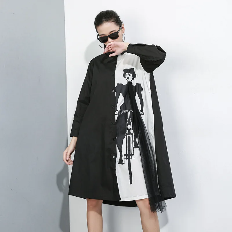 

TVVOVVIN 2019 Autumn Loose Clothing Cardigan Patchwork Long Sleeve Shirt Dress Dark Style Personality Shirt Dresses L098