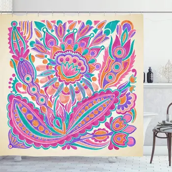 

Shower Curtain Set with Hooks 72x72 Retro Graphic Style Intricate Hand Craft Folk Draw Pattern Marker Flower Abstract Freehand