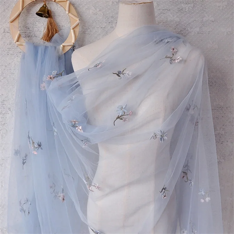 

Light Blue Soft Mesh Orchid Embroidery Lace Fabric Wedding Dress Accessories Handmade DIY VXZ162822