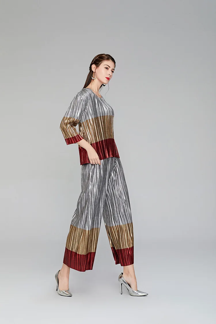 Светоотражающие Брюки для женщин Miyake плиссированные весенние и осенние цветные подходящие покрытия Высокая талия прямые широкие брюки Дикие повседневные брюки