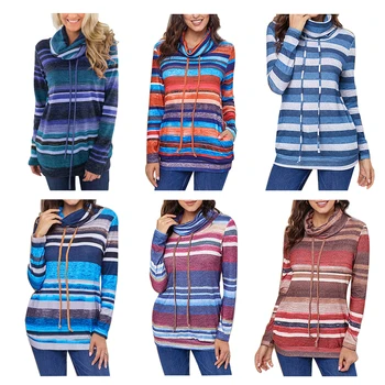 

Spring and Autumn Women High Collar Medium Length Blouse Multi Color Striped Pockets Long Sleeves Drawstring Fashion Coat