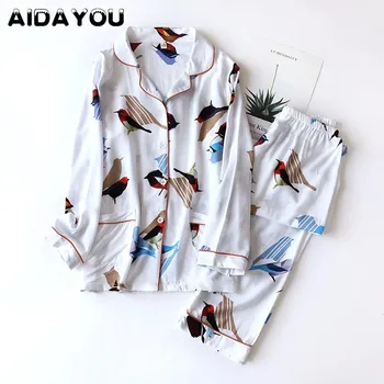 

Women 100% Cotton Pajamas Sets Long-Sleeved Trousers Ladies Printing Long Pajamas Suit Simple Style Lovely Home Wear ouc529