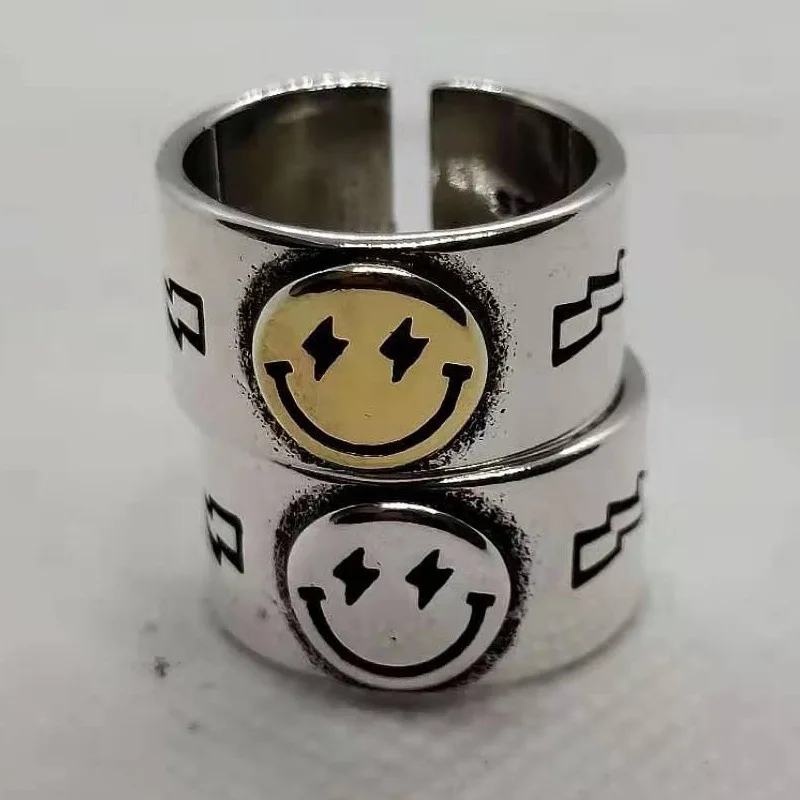 

Korean Trendy Happy Smiley Face Lightning Gold Silver Color Female Ring Retro Vintage Gothic Opening Adjustable Rings for Women