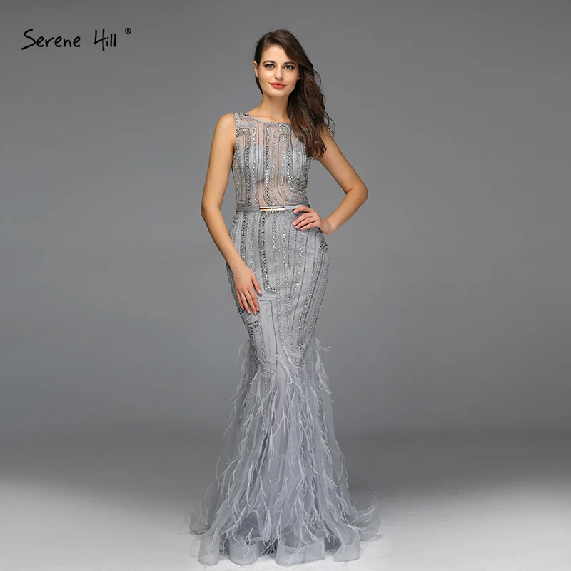 Grey O-Neck Feathers Crystal Prom Dresses Dubai Design Sleeveless Luxury Sexy Prom Gowns Serene Hill BLA70153