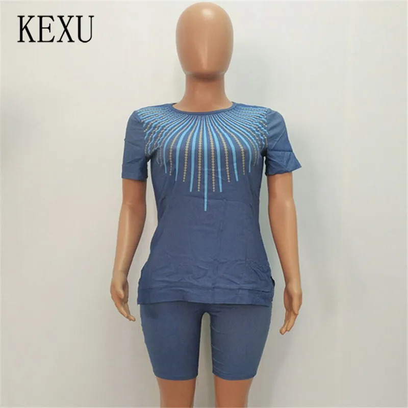 Kexu джинсовый Повседневный Модный комплект из двух предметов, короткий рукав, круглый вырез, элегантный костюм для женщин, стильный джинсовый Модный комбинезон больших размеров XXL - Цвет: Синий