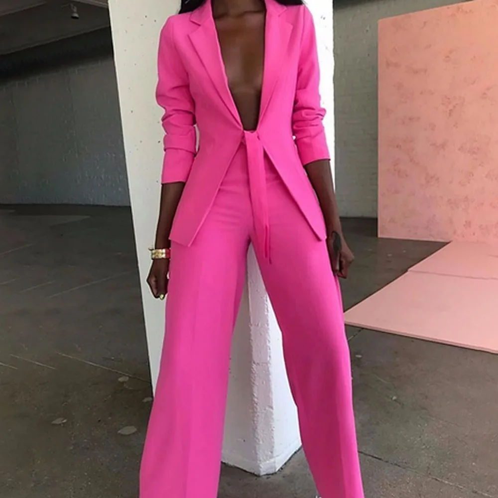 2019 Autumn Winter Fashion Blazer Sets Women V Neck Long Sleeve Jacket Coat Wide Leg Pants Suits Sexy Office Lady Two Piece |
