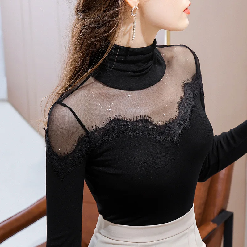 

Transparent Turtleneck T-Shirt Oversized See Through Sexy Chic Hollow Out Lace Woman Tshirts Designer Long Sleeve Top Patchwork