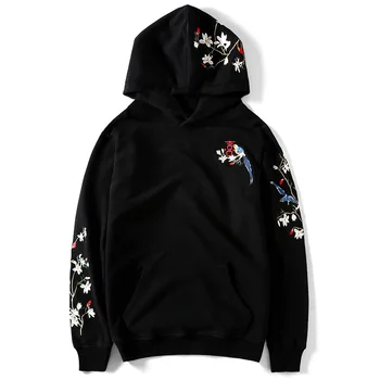 

China style embroidery birdies hoodies for men 100% cotton Fashion long sleeve black gray Sweatshirt US size J917