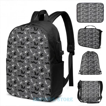 

Funny Graphic print Wolf and Ghost Pattern USB Charge Backpack men School bags Women bag Travel laptop bag