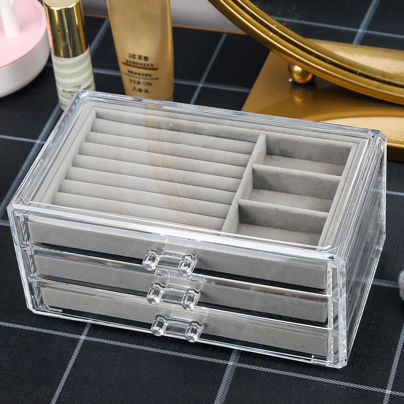 Portagioie In Acrilico Con 3 Cassetti E Fodera In Velluto Grigio – Organizer 24x13.5x11 Cm Per Anelli, Orecchini, Collane