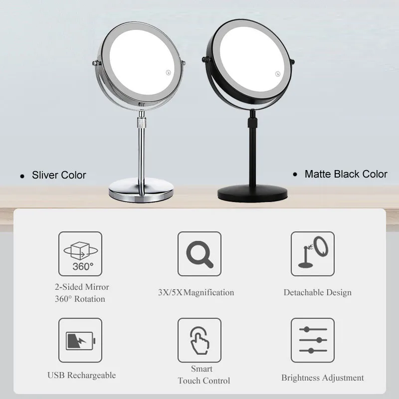 2-Sided Vanity Makeup LED Mirror, 3X/5X Tabletop Cosmetic Mirror USB Rechargeable, 3Color Touch Brightness and Height Adjustable 3