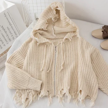 

2019 New Women's Sweater Black Beige Zipper Knitted Tops Female Casual Hole Street Wear Spring Fall Winter Clothes Women