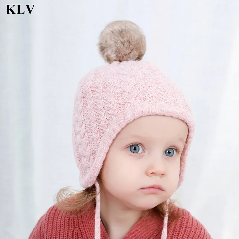 KLV, детская шапка для девочек, теплая зимняя шапочка на шнуровке, шапка с защитой ушей, шляпа детская шапочка