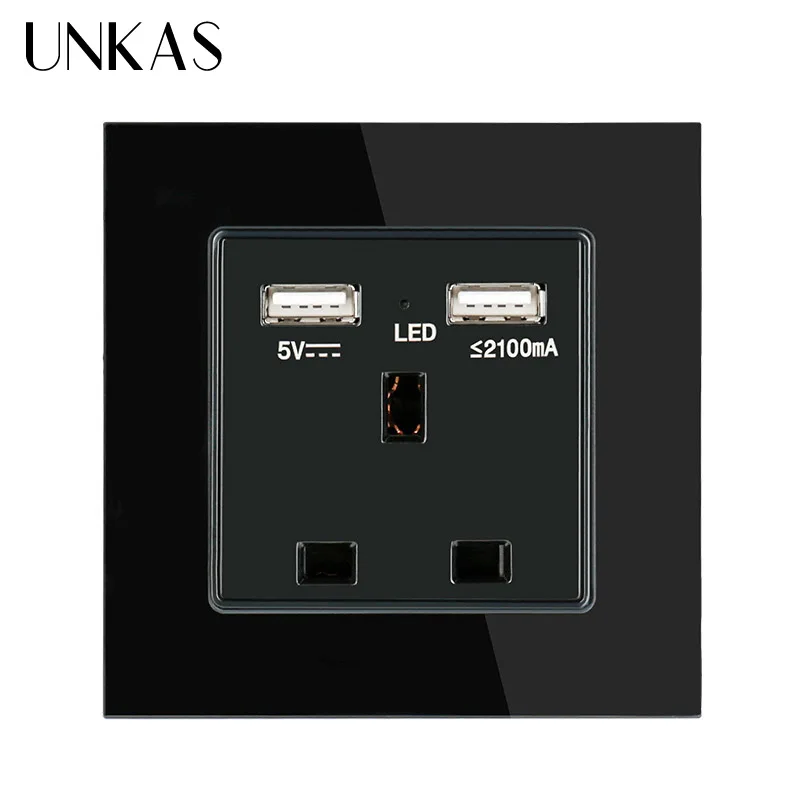 UNKAS настенная розетка с кристаллами, стеклянная панель, двойной usb порт для зарядки, 2.1A настенное зарядное устройство, адаптер 13A розетка стандарта Великобритании 110~ 250 В