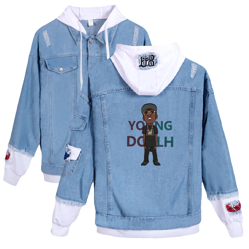 

Rapper YoungDoplh Denim Jackets Fake two Cowboy Hoodie Plus Size Printed Clothes Men Women Coats Hip Hop Streetwear