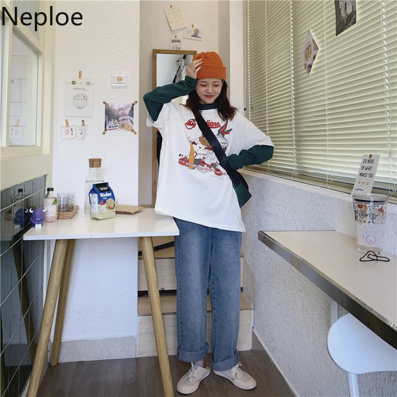 Женские толстовки Neploe с мультяшными буквами, Ретро стиль, с круглым вырезом, с длинным рукавом, повседневные, поддельные, две части, женские топы 80546