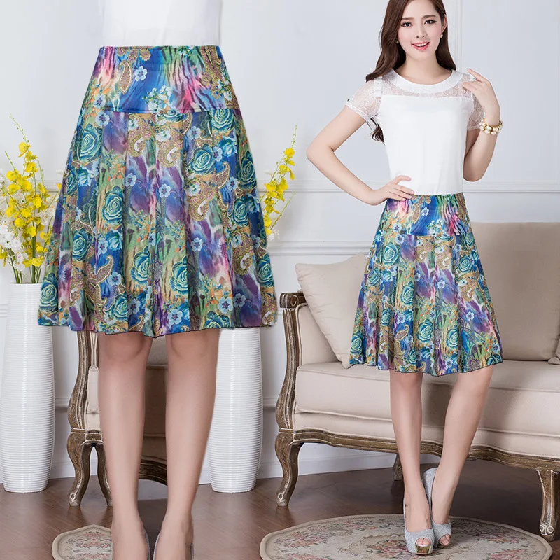 

Summer Medium-length Skirt Big Hemline Chiffon Skirt Women's Mom Skirt Middle-aged Pleated Printed Skirt