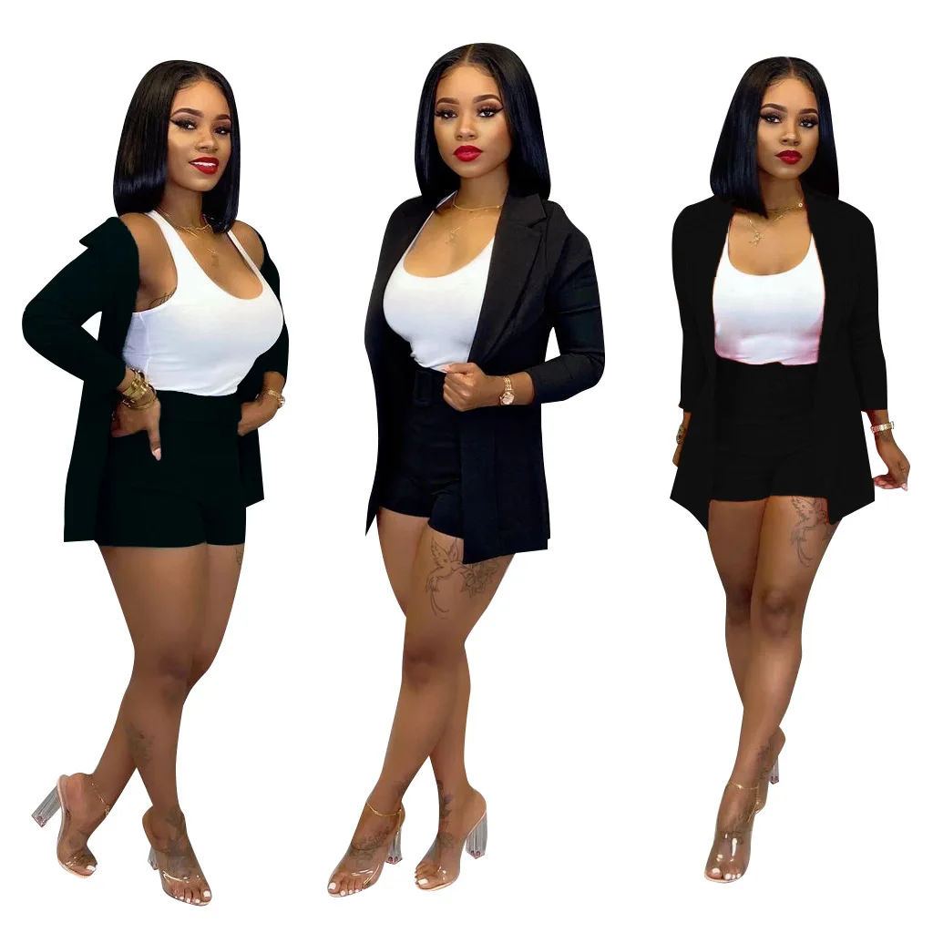 Women Office Business Suits Cardigan Blazer Coat And Shorts Slim Full Sleeve Two Piece Set Club Wear Outfits High Street Outwear