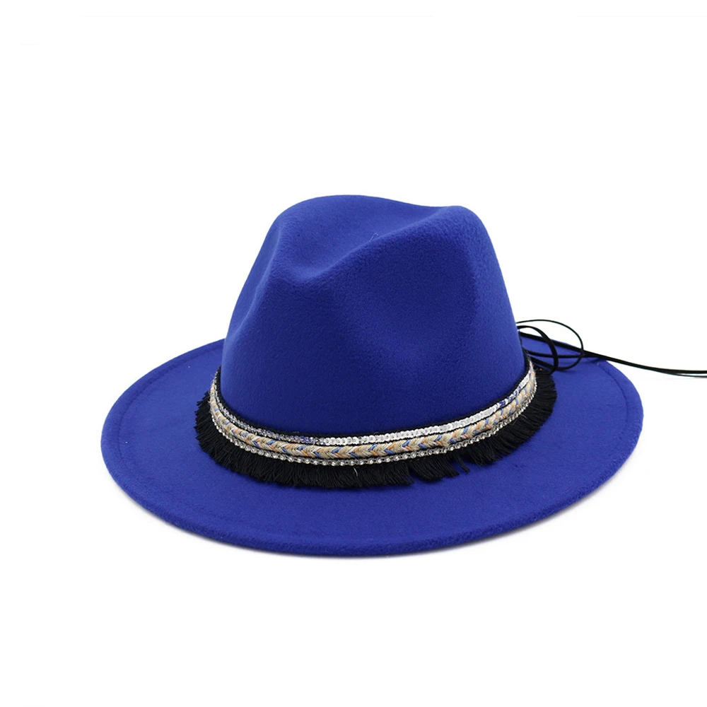 Модная женская шерстяная шляпа Fedora с бахрома на ленте, джазовая шляпа, Элегантная Женская Очаровательная Осенняя широкополая шляпка для церкви, размер 56-58 см
