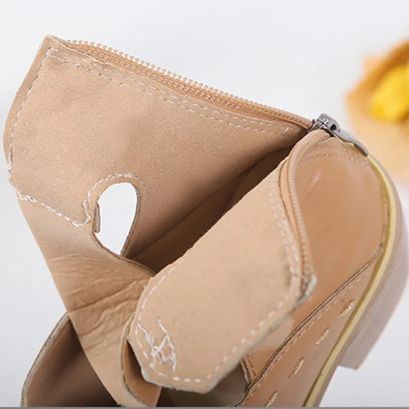 Houlife Fashion Women Boots PU Leather Ankle Boots Spring Autumn Hollow Out Pointed Toe Square Zipper Mid Heel Female Shoes