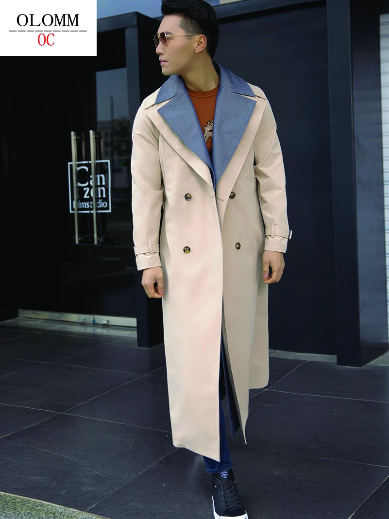 OLOMM Korean style design Double-layer lapel Long trench coat Double breasted Men's fashion coat DY1602 OLOMM Korean style design Double-layer lapel Long trench coat Double breasted Men's fashion coat DY1602