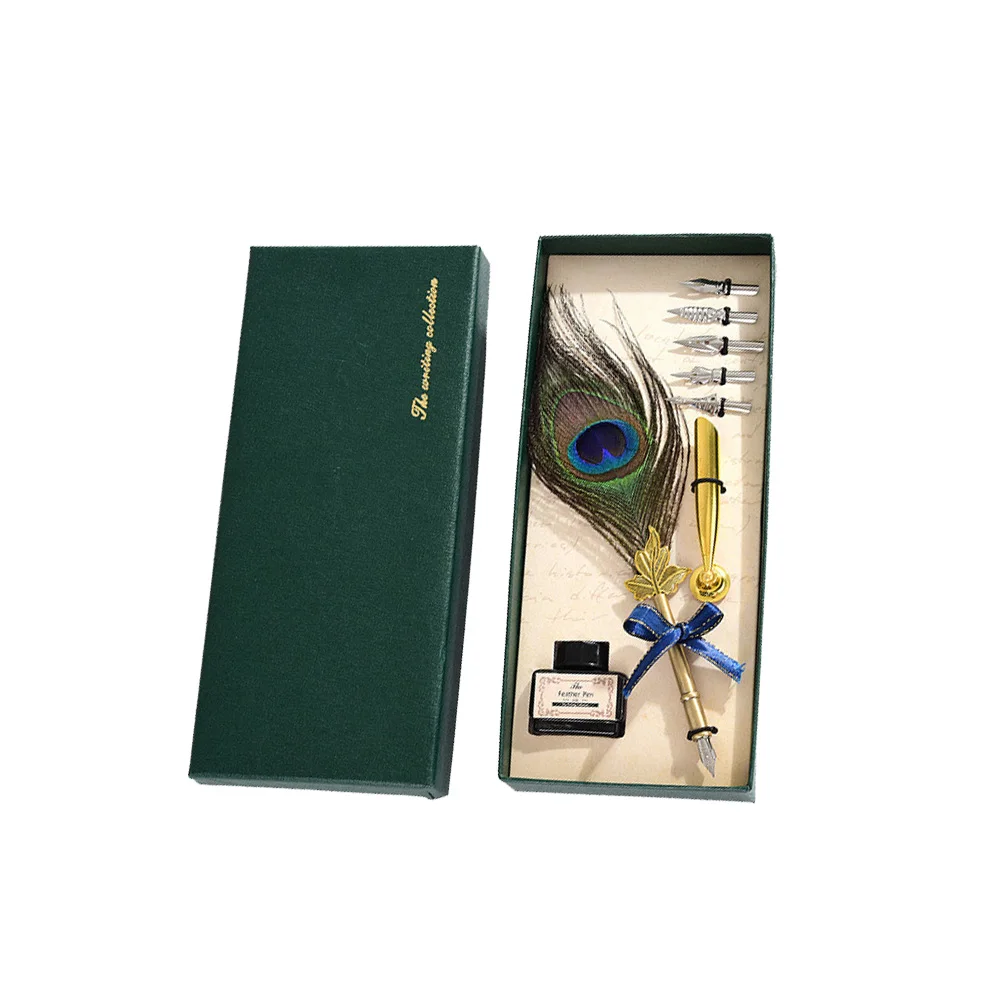 

Gift Portable Children Quill Dip Pen Aritifial Feather Writing Ink Set Steel Nibs Smooth Calligraphy Lightweight With Box
