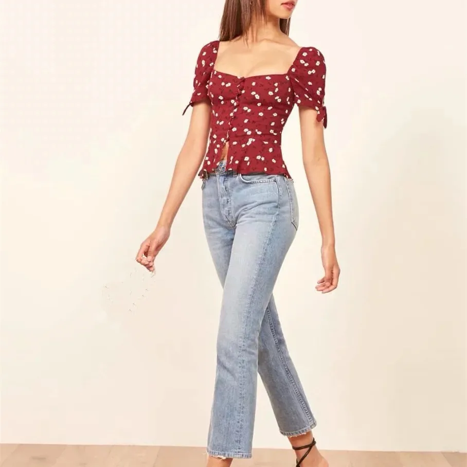Nice Summer Korean Red Square Neck Print Blouse Vintage Knot Sleeve Button Elegant Blouse Women Tops Sexy Shirts Nice Summer Korean Red Square Neck Print Blouse Vintage Knot Sleeve Button Elegant Blouse Women Tops Sexy Shirts