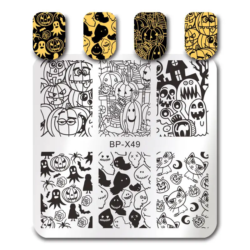 BORN PRETTY прямоугольные пластины для штамповки ногтей Ghost Stamp шаблон из нержавеющей стали дизайн ногтей изображение трафарет Хэллоуин тема - Цвет: BP-X49