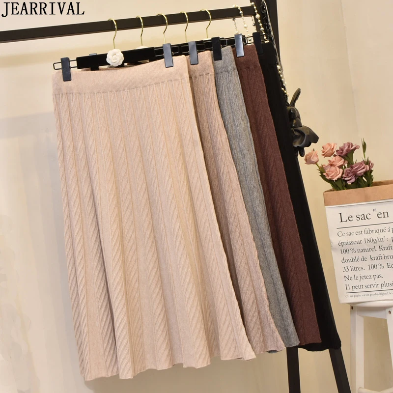 Осенне-зимняя женская длинная юбка с высокой талией корейская модная однотонная теплая Повседневная трикотажная юбка женская юбка с блестками гофрированные юбки