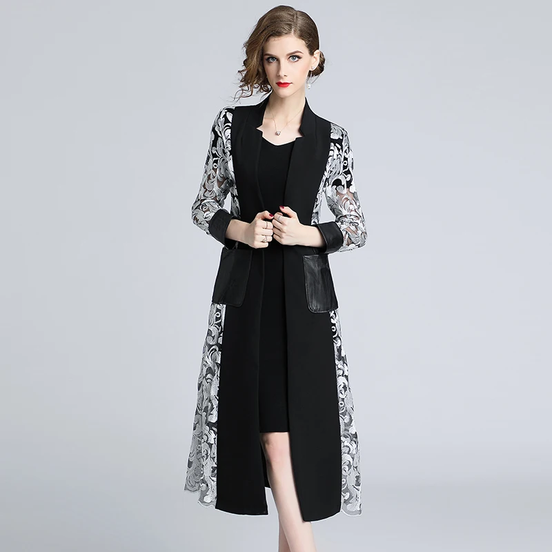 

Pretty Luxury Trench Coat For Women Elegant Mesh Embroidered Slim Coats 2020 New Lady Vogue High-end Black Temperament Long Coat