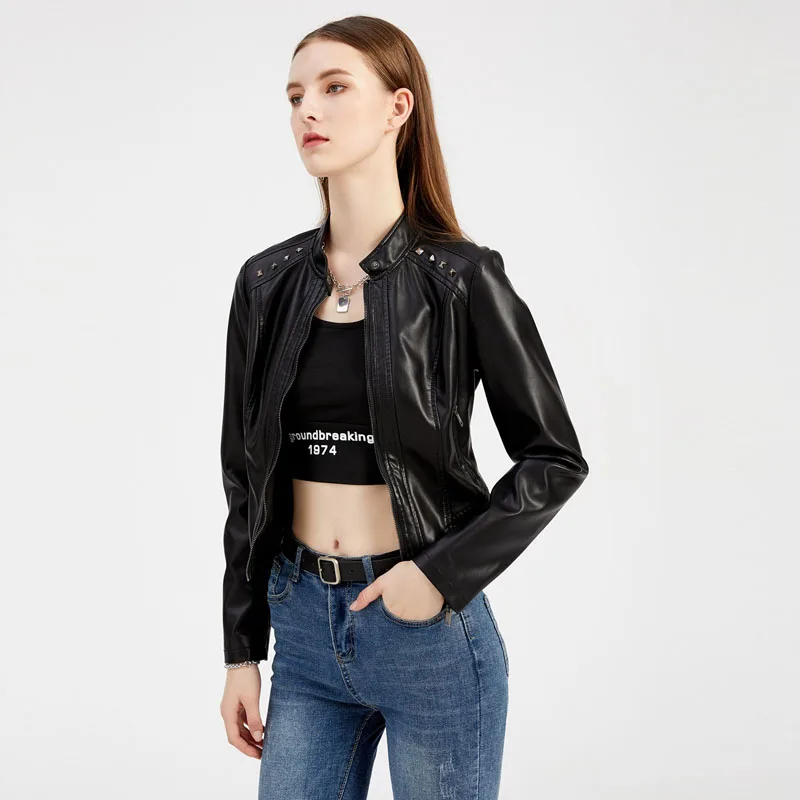 

Autumn Women Leather Jacket Slim Stand-Up Collar Overcoat Fashion Rivet Design Zipper Windbreaker Coat Women's Jacket 2023 WF276