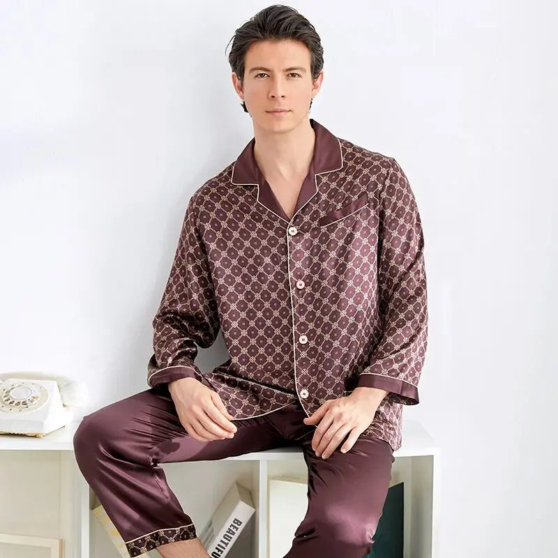 

High-Grade 19 momme 100% real silk pajamas sets men sleepwear long sleeve male pyjamas Natural Silk pajamas men
