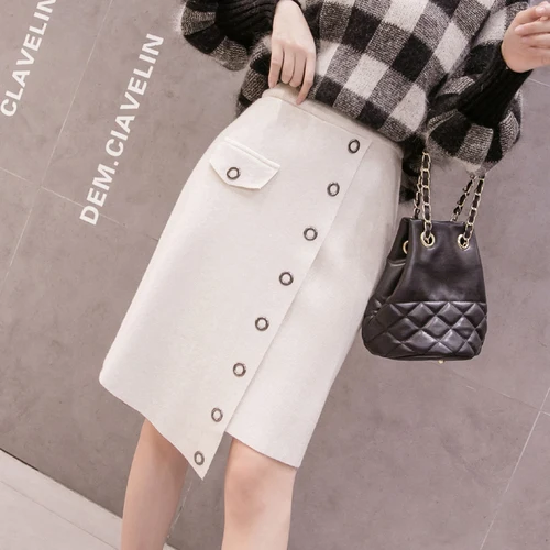 

Autumn Winter 2019 Knitted Irregular Skirt laminated Design Solid Color Knee-Length Skirt Elastic waist
