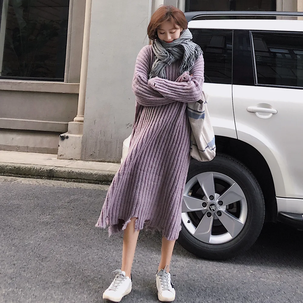 

Photo Shoot 2018 Autumn And Winter New Style Fashion Sense of Design Retro Laziness-Style Long with Holes Dress Sweater Women's