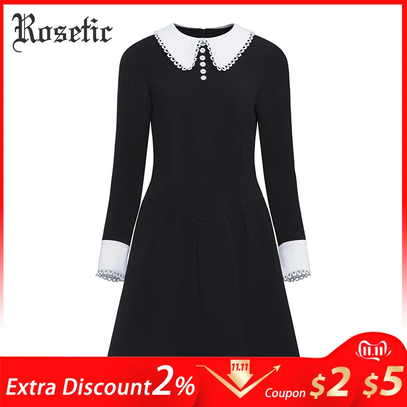 Comprare Rosetic Gotico del Vestito Nero Delle Donne di Autunno Una Linea di Collare Del Peter pan Vita Sottile Moda di Strada Retro Gusto Squisito Goth Abiti Invernali