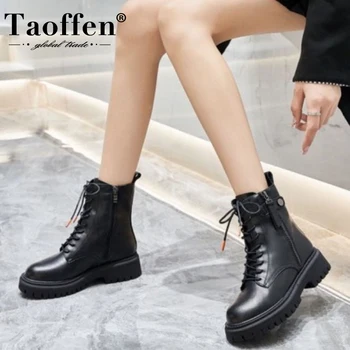 

TAOFFEN Women Ankle Boots Flats Round Toe Cross Strap Zipper Shoes Winter Boots Warm Women Fashion Casual Footwear Size 35-39