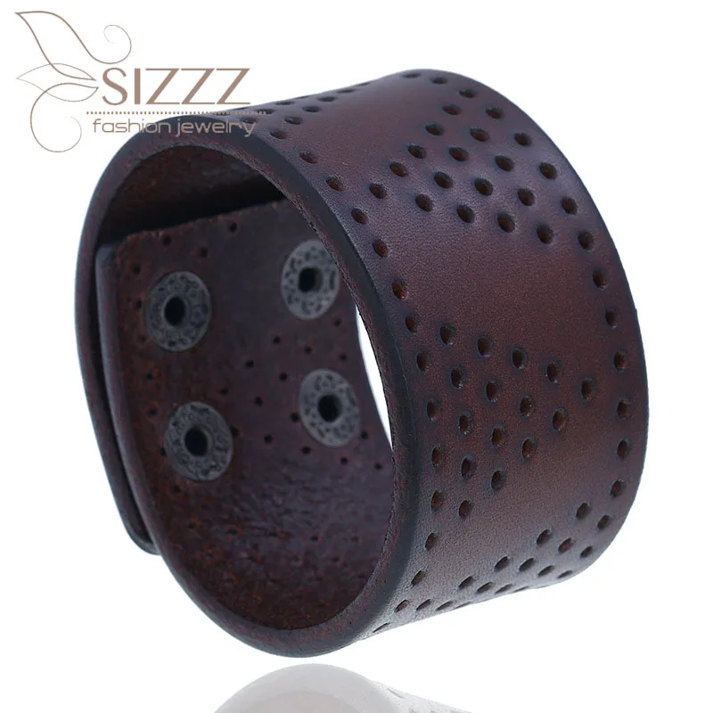 SIZZZ 2019 New punk style retro old leather simple punching wide bracelet&ampbangles for women/men | Украшения и аксессуары