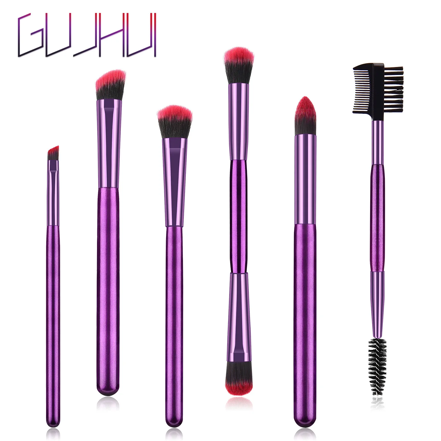 

6 Makeup Brushes Purple Red and Black Hair Eye Beauty Tool Set GUJHUI