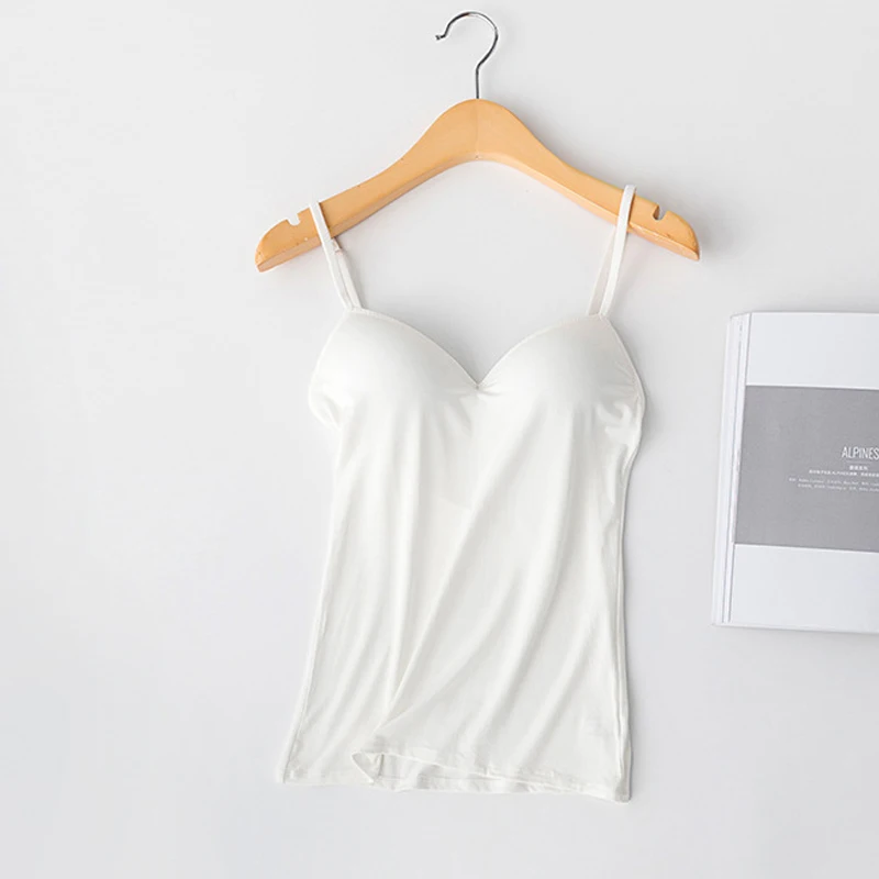 

Fashion Women Comfy Vest With Built In Bra V Neck Sleeveless Adjustable Strap Solid Color Tank Top Female Slim Up Top Haut Femme