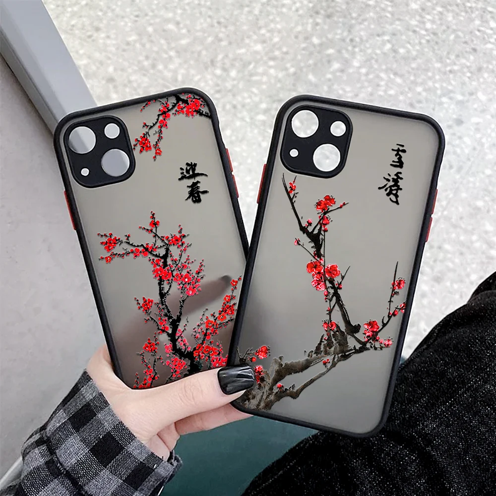 Plum Blossom Flower Iphone 13 12 XS 11 Pro Max Mini Chinese Style Painting Case for  X XR SE2020 7 8 Plus Red Floral Design Case