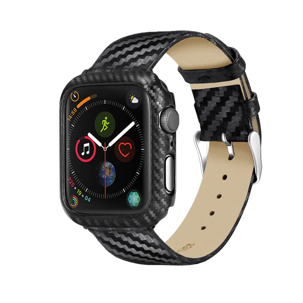 Чехол из поликарбоната для Apple Watch 44 мм кожаный ремешок iWatch серия 4 ремешок для часов из углеродного волокна Bupmer с ремешком для часов 42 мм