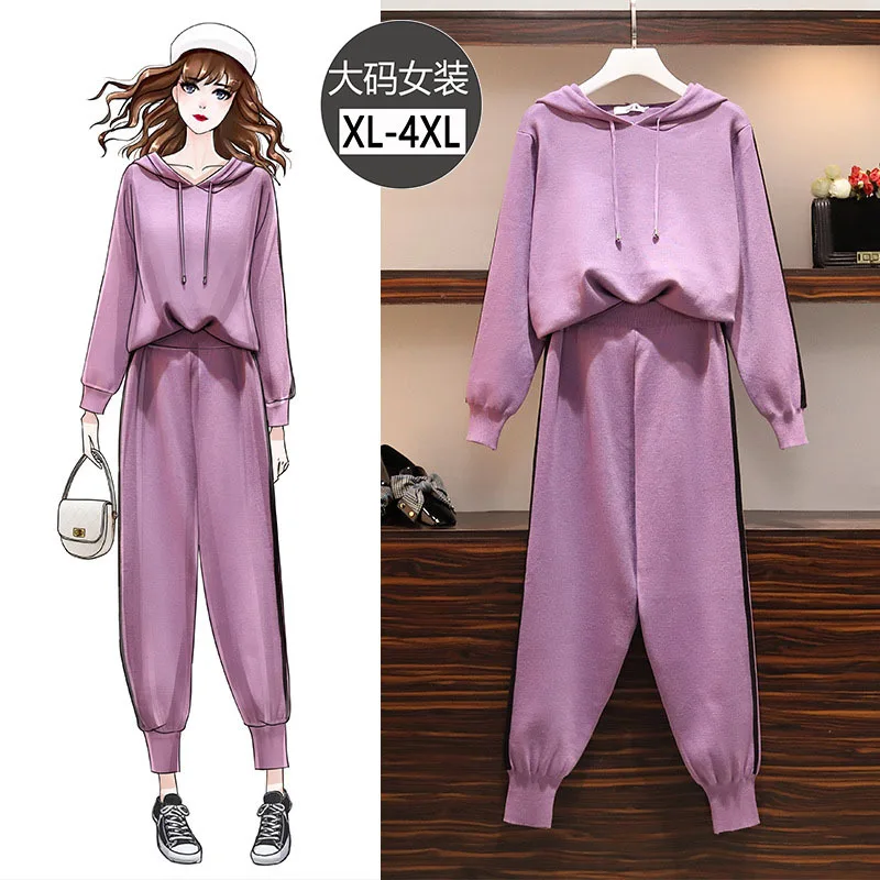 

Large Size Dress Fat Mm Contrast Color Sweater WOMEN'S Suit Loose-Fit Large GIRL'S Harem Pants Hooded Tops Knitted Two-Piece Set