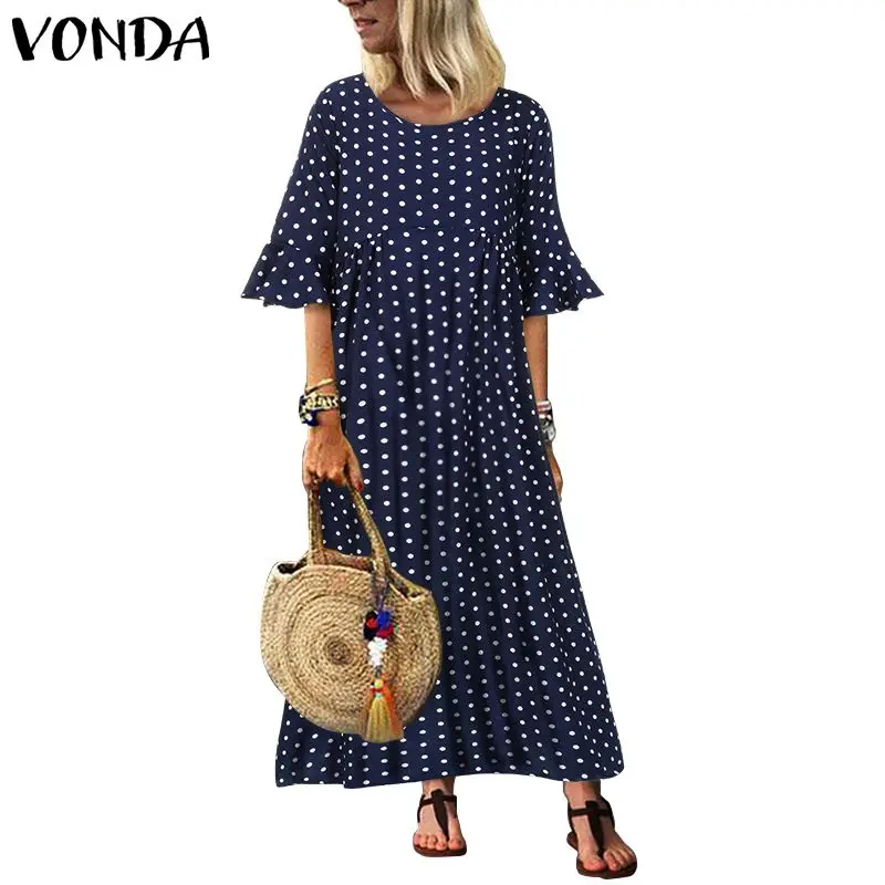 VONDA, винтажное платье в горошек, летнее, Пляжное, Vestidos, женское, вечернее, роковое, сексуальное, богемное, сарафан размера плюс, Халат - Цвет: Тёмно-синий