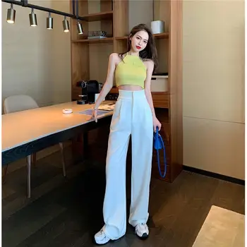 

High Waist Plaid Pants for Women Streetwear Full Length Wide Leg Pants Women Casual Straight Trousers white Pants