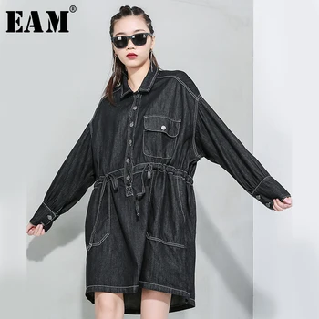 

[EAM] Women Blue Drawstring Big Size Denim Dress New Round Neck Long Sleeve Loose Fit Fashion Tide Spring Autumn 2020 1T558