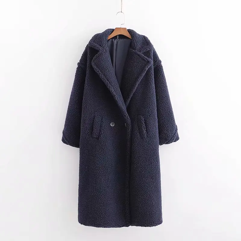 Bella philosophy, Женское зимнее теплое длинное пальто из искусственного меха, винтажное женское плотное пальто с длинным рукавом и плюшевым мишкой, свободная верхняя одежда - Цвет: Navy Blue