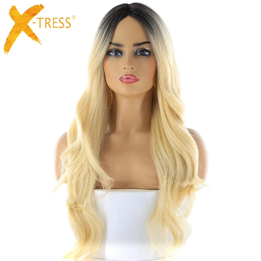 Блондинка 613 эффектом деграде(переход от темного к Цвет кружевная часть синтетические волосы парики с челкой термостойкие волокна X-TRESS длинный волнистый парик боковая часть для Для женщин
