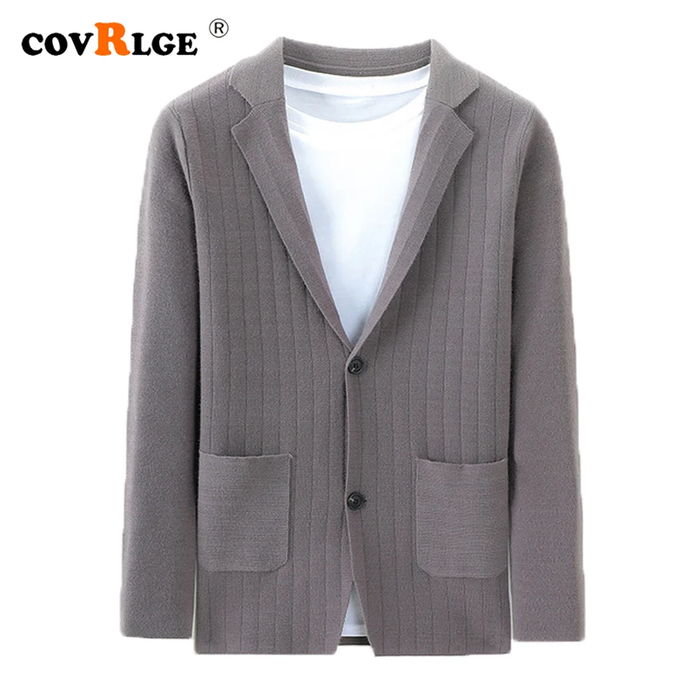 

Covrlge Pure Color Striped Medium Thick Knit Cardigan Young Men's Autumn Sweater Simple Suit Collar Long Sleeve Coat MWK033