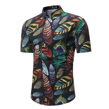 

Men Shirt 2019 Summer Floral Short Sleeve Turn-down Collar Beach Hawaiian Colorful Feathers Printed Travel Slim Fit Shirts